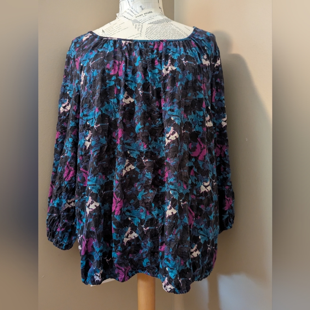 Daisy Fuentes XL Watercolor Black Teal Pink Banded Blouse Top